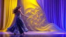 modern stage with gray-dark yellow blueish violet theme artistic decoration , color full dynamic lighting, a beautiful lady in maxi dress with shining silver jewels ,curvy long hair,dancing, 3D recursive fractal structure animating background