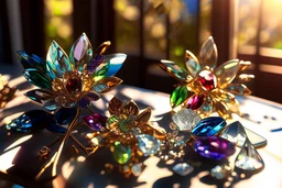 Coloured glass flowers set with gemstones, glittering metal stems and gemstone leaves on a room table sharp focus elegant extremely detailed intricate very attractive beautiful dynamic lighting fantastic view crisp quality exquisite detail in the sunshine gems and jewels