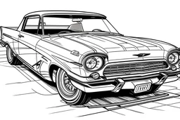 1957 Ford Thunderbird Coloring Book, white background, kawaii style cartoon coloring page for kids, cartoon style, clean line art high detailed, no background, white, black, coloring book, sketchbook, realistic sketch, free lines, on paper, character sheet, 8k