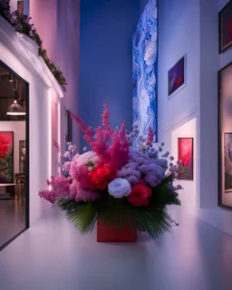 Inspired by CARLIJN JACOBS. Capture an image of a scene inside contemporary urban art gallery at blue hour, using a Leica Hermes Edition M7 camera. Focus on an intricate floral bouquet, and incorporate sophisticated composition, gestalt principles, and silver mean proportions. Use volumetric lightning, cherenkov radiation and crocoite color palettes. The image should be product-focused, hyper-detailed, hyper-realistic, eye-catching.