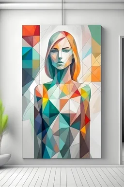 Create a handpainted geometric canvas painting which explores abstract representations of the human form with geometric shapes on a canvas mockup in a space