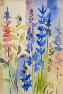 Watercolour of delphiniums in the style of Paul Klee