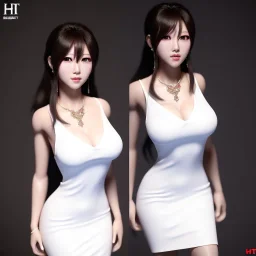 woman hitomi tanaka, white dress, highly realistic, 8