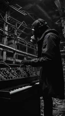 a person with a gas mask in an abandoned big massive factory, playing with a modular synth piano