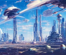 Spaceport on a heavy industrialized planet with a vibrant city in the background and a starting spaceship in the foreground, art by John Berkey, buildings with glass facades, insanely detailed, vibrant, 8k uhd, cinematic atmosphere, ultra-wide angle, street level view, brush strokes, blue sky with clouds, sharp focus