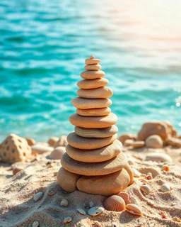 meticulously stacked sand stone tower on a beach, each stone intricately patterned with nautical baroque elements, draw in the sand and against a backdrop of a turquoise blue wavy lagoon, Geo magazine-worthy geology, interspersed with shells amidst interesting sandstone formations, a luminous ray of sunshine casts perfect reflections, adding radiance, gradience, and