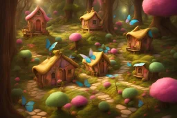 fantasy: an efes village with small, very colorful, magical houses in a magical forest . The trees are blue and pink , little lights everywhere and butterflies. Soft, real and magical atmosphere. Candy