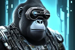 Create a painting of a cyberpunk-style robotic cyborg gorilla in a 3/4 view. It should wear bridge-less rectangular goggles and a high-tech cybersuit with reflective black plastic, rusted metal, and various wires. The gorilla should be looking to the side, illuminated by harsh, high-contrast lighting from the top right.