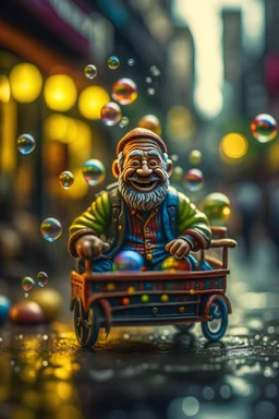 hyper real oil painting portrait of juggling laughing dreaming dwarf in cable trolley in slimy bubbles and gelatinous background, zeiss prime lens, bokeh like f/0.8, tilt-shift lens 8k, high detail, smooth render, down-light, unreal engine, prize winning