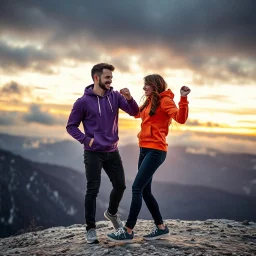 Hyper Realistic Close Shot Of Romantic Couple (Handsome Muscular Man Wearing Purple Hoodie Smiling And Black Jeans With Woman Wearing Orange Hoodie And Navy-Blue Jeans Smiling And Both Looking At Each Other Romantically) And Both Wearing Sneakers Dancing On A Mountain With Cold Breeze And Snowy Mountains At Cloudy Sunset Showing Dramatic & Cinematic Ambiance.