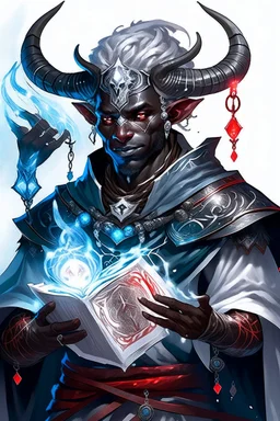 En Young male black skin tiefling fra dnd holding a book with Arcane Magic in a silver and White Rope. His horn a perfectly place on acet from the front to the back pointing upwards with glowing Red cat Eyes glowing Blue Arcane Magic around them ice crystals flowing around him