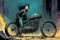 create a hardened punk bike girl in the comic book art style of Mike Mignola, Bill Sienkiewicz and Jean Giraud Moebius, , highly detailed,, grainy, gritty textures, , dramatic natural lighting