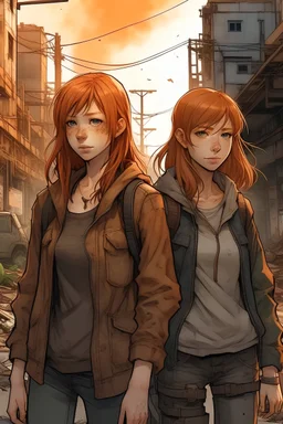Pair of ginger twins in a post apocalyptic city, one male and one female with a fringe in a semi realistic semi anime style