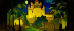 A yellow glowing light casino themed castle painted by Paul Gauguin