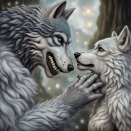 the anthropomorphic gray hairy body wolfman name Teo, holds between his paws the anthropomorphic pale hairy body wolfwoman's face , they look at each other lovingly, blur background, high detalied, realistic, sci-fi and fantasy mood