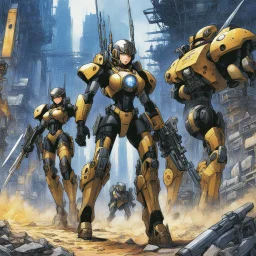[illustration by masamune shirow] In a post-apocalyptic sci-fi realm, a diverse team of bioroids navigates the desolation. Some are armed with automated weapons, others wield blades, clubs, or missiles. As they traverse the ruined city, dust and rust clinging to every surface, the tension in the air is palpable. The remnants of a once-thriving civilization lay scattered in rubble and decay, a stark contrast to the gleaming mechanical bodies of the bioroids moving with purpose through the wreckag