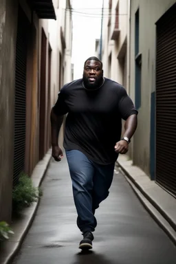 Tall big fat black man really away running down a alleyway