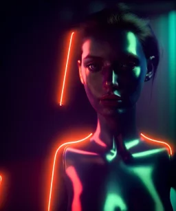 Ultra realistic photographic night portrait, cinematic, happy <woman> in garage <droid friend>, hot, retro futuristic dress <Helmut newton photo style>, neon lights, color fog, soft color, highly detailed, unreal engine 5, ray tracing, RTX, lumen lighting, ultra detail, volumetric lighting, high definition.