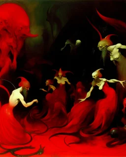 A dark red deep abyss with vampire squids painted by Edgar Degas