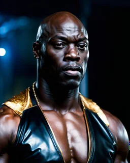 Adewale Akinnuoye-Agbaje x morris cheshunt as a handsome dark skinned and muscular heavy set man with a bald head and neatly trimmed beard. he is wearing a leather waistcoat and no shirt. he has a gold earing in his left ear. he has a angry expression on his face