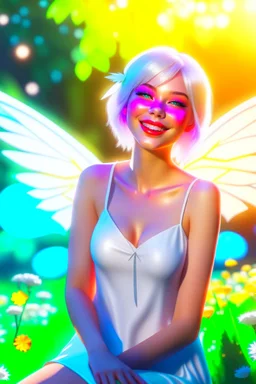 A hyper-realistic photo, smiling fairy lady in a garden ,Sun Light, Shiny Simple White Costumei, full portrait, glamorous, 64K, hyperrealistic, vivid colors, (glow effects:1.2) , 4K ultra detail, , real photo, Realistic Elements, Captured In Infinite Ultra-High-Definition Image Quality And Rendering, Hyperrealism, real world, in real life, realism, HD Quality, 8k resolution, , real photo, 8 k