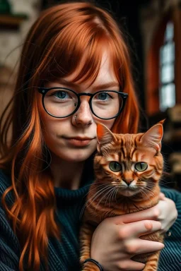 girl with ginger hair in a fringe with glasses and a septum piercing holding a tabby cat like a baby