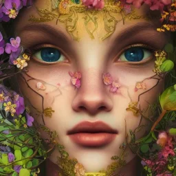 realistic face, Beautiful goddess of spring,delicate flowers, intricately beautiful face, knees up portrait, fantastical, intricate detail, splash screen, complementary colors, fantasy concept art, 8k resolution, Unreal Engine 5"