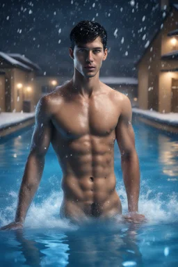 hyper realistic extremely shirtless handsome short black hair men in a swimming pool at snowfall night