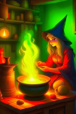 Elf witch with cat, looking into glowing cauldron, background alchemists workshop