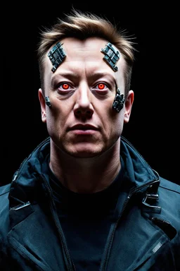 Portrait of Elon musk, scary cyborg face, metal plate checks and forehead, one red eye