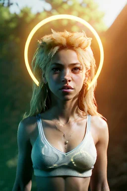 Shakira artist, Realistic image, waist up portrait, natural busty, perfect eyes, glow, circle iris. concept art, smooth, unreal engine 5, god lights, ray tracing, RTX, lumen lighting, ultra detail, volumetric lighting, 3d, finely drawn, high definition, 4k.