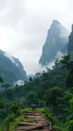 A trail between two mountains peaks in the Amazon side view , a lot of giant dinosaurs are marching. below is a huge wood top view , foggy, misty , adventures