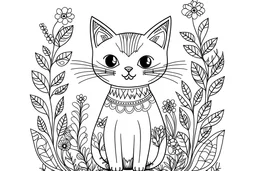 Children's Book Illustration or Children's Book Cover cute cat , simple lines drawings, no lines inside of the drawing, Mindfulness Anxiety Relief and Relaxation Flower, cartoon, full body, outline of the drawing in bold line, symmetrical, white background, no background image.