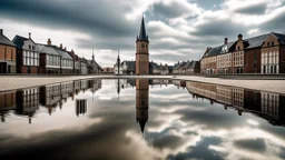 A picturesque old European town with a church steeple and traditional brick buildings reflected in a calm water harbor, with a cloudy sky in the background. The water surface becomes transparent, revealing a mysterious and surprising bottom