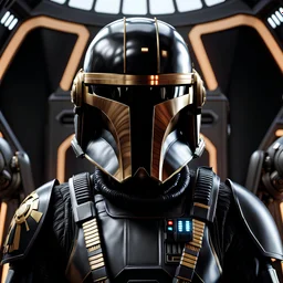 star wars bald male corellian pilot wearing dark gunmetal grey and black First Order special forces TIE pilot armored flightsuit and helmet with gold trim inside the jedi temple, centered head and shoulders portrait, hyperdetailed, dynamic lighting, hyperdetailed background, 8k resolution, volumetric lighting, light skin, fully symmetric details