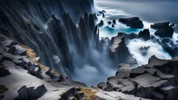 This mesmerizing ocean cliff scene captures the dramatic power and beauty of nature. Towering rugged cliffs stand majestically against the vast expanse of the ocean, where the water pours into a singular bottomless pit. The cliffs, with their sharp and jagged edges, create a stark contrast to the rough, flowing water, making the scene even more captivating. Sunlight pierces through the mist rising from the waterfalls, creating a magical, ethereal atmosphere