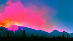 background=(mountains, alberta, forest fires, burning), time=(sunset), style=(vaporwave), effect=(smoke, plumes)