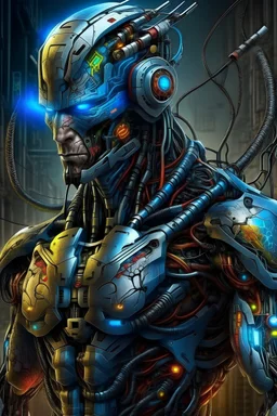 Futuristic cyborg warrior in a post-apocalyptic wasteland, biomechanical armor, blending organic musculature with advanced technology, fierce and powerful stance. Style of Alex Grey, Patrice Murciano, and Carlo Crivelli, vivid and bold colors, surreal and intricate patterns, vivid, powerful, stark contrast, post-human, cybernetics, resilience, dynamic, hyper-realistic, intense expression