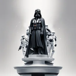 Create a captivating illustration that showcases Darth Vader, adorned in his iconic black cape, standing triumphantly on the highest podium as the undisputed champion. Flanking him on two lower podiums are two white-clad Stormtroopers, looking sullen. Set this scene against a white background.