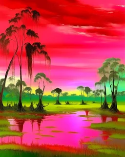 A pink wetlands with magical baobab trees painted by Claude Monet