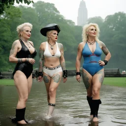 [photo by Evelyn Hofer] Tattooed Tank Girl and Madonna as middle age ladies wearing swimsuits caught in a heavy summer rain in central park, happy with no inhibitions