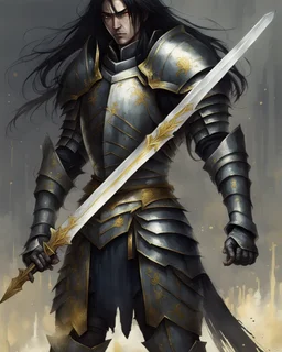 dnd character fantasy paladin knight, weathered plate armour, guilded effects, long black hair, gloomy expression on face, serious moody eyes, drawn full portrait in the style of Nobuyoshi Araki