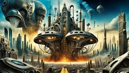a stunningly weird image of a futuristic metropolis using Salvador Dali's paranoiac-critical method, where buildings and structures appear to melt into the skyline cityscape is filled with floating medusas and mad, twisted metal shapes that interact with the buildings and each other, forming a surreal tableau of a dreamlike reality. neu-steampunk vibe, essence of the scene in a cinematic manner, with dramatic shadows that enhance the distorted perspectives and bizarre mood