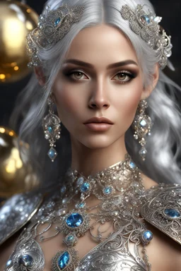 established photography realistic portrait natural beauty of young woman, beautiful, shiny hard eyes, make up, Fantasy style, shiny baubles, ornate, large gemstones, shiny molten metalics, shiny wire filigree, silver hair, high definition, high res, octane render