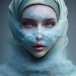 clouds of fog as woman's face, dissolving, disintegrating, wearing blue hijab, fine detail, highly intricate, wearing blue hijab, modern surrealism painting, high-quality, volumetric lighting, 8k, ultrahd, George Grie, Marco Escobedo, Igor Morski,Brian Froud, Howard Lyon, Selina French,