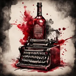 profound minimalistic artistic surreal cubism, dark red and black duotone, anthropomorphic sinister whiskey bottle typing on an old manual typewriter, fantastical, metaphoric, dramatic, watercolor with loose brush strokes