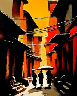 bustling medieval Kathmandu street, thick impasto painting, centered, minimalist, thick sparse brushstrokes, bold colors of orange, beige, yellow, red and black, sporadic tint ink leaks, perfect verticals, amazing parallel