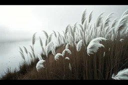 Ultra-realistic cinematic photo of tall pampas grass with white feathery plumes, swaying softly in the wind, beside a slow river reflecting the grey sky, soft mist rising, atmosphere of nostalgia, inner sadness and hidden beauty, detailed textures, emotional, enchanting, poetic landscape