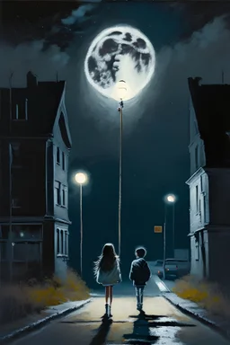 Painting of a boy and girl walking down a lonely street, with only one street light. Under a full moon and a starless cloudless night.