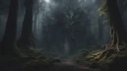 the ghost haunted forest with a thousand teeth and claws. exquisite realism, a masterpiece, dark fantasy concept art, dynamic lighting, hyperdetailed, intricately detailed, deep color, Unreal Engine, volumetric lighting, Epic cinematic brilliant stunning intricate meticulously detailed dramatic atmospheric maximalist digital matte painting